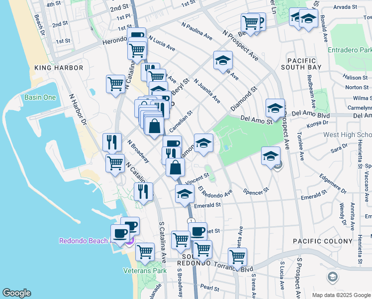 map of restaurants, bars, coffee shops, grocery stores, and more near 615 Diamond Street in Redondo Beach
