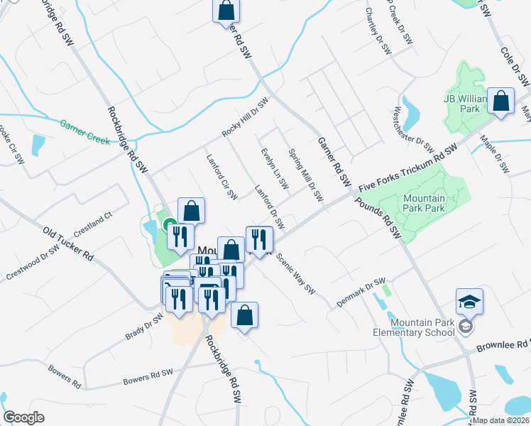 map of restaurants, bars, coffee shops, grocery stores, and more near 1155 Lanford Dr SW in Lilburn