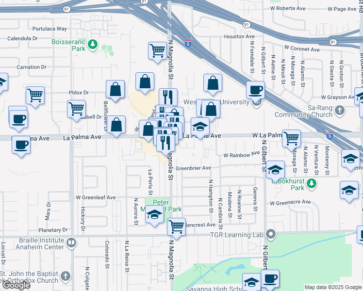 map of restaurants, bars, coffee shops, grocery stores, and more near 1040 North Magnolia Street in Anaheim