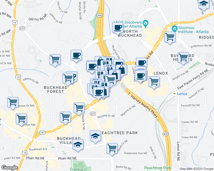 map of restaurants, bars, coffee shops, grocery stores, and more near 3330 Peachtree St NE in Atlanta