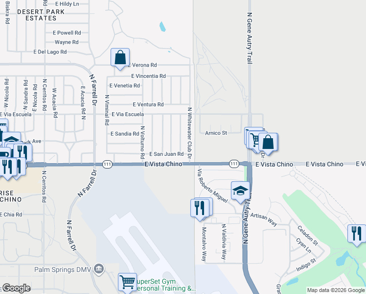 map of restaurants, bars, coffee shops, grocery stores, and more near 1820 North Los Alamos Road in Palm Springs