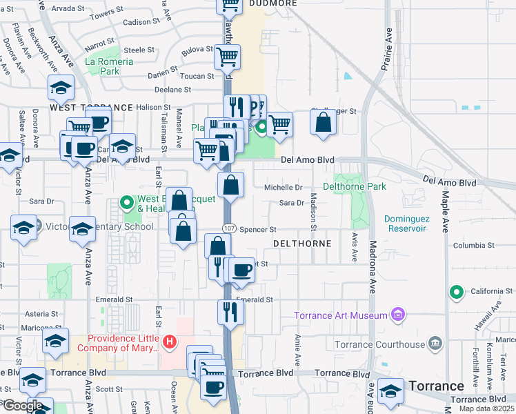 map of restaurants, bars, coffee shops, grocery stores, and more near 3708 Sara Drive in Torrance