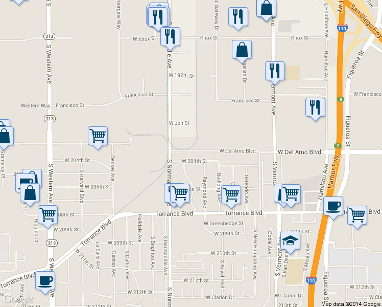 map of restaurants, bars, coffee shops, grocery stores, and more near 1169 W 204th St in Torrance