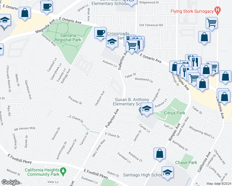 map of restaurants, bars, coffee shops, grocery stores, and more near 968 Wyngate Drive in Corona