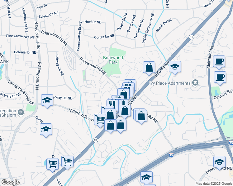 map of restaurants, bars, coffee shops, grocery stores, and more near 1581 Briarwood Road Northeast in Atlanta