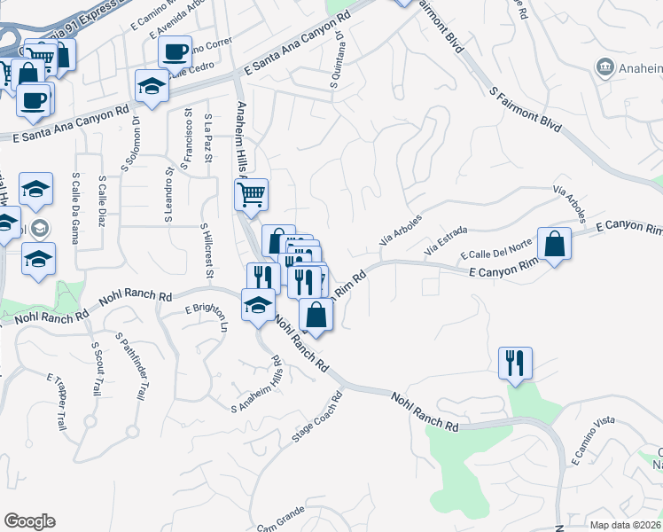 map of restaurants, bars, coffee shops, grocery stores, and more near 485 South Ranch View Circle in Anaheim