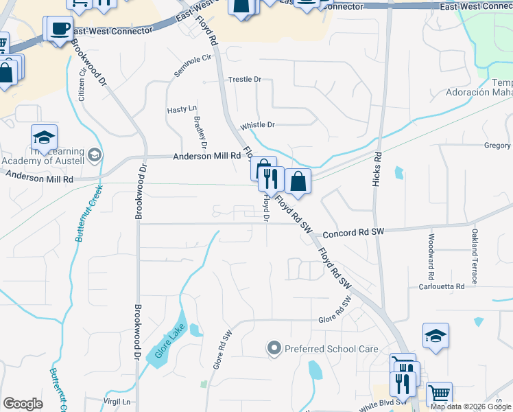map of restaurants, bars, coffee shops, grocery stores, and more near 1130 Parktown Drive Southwest in Mableton