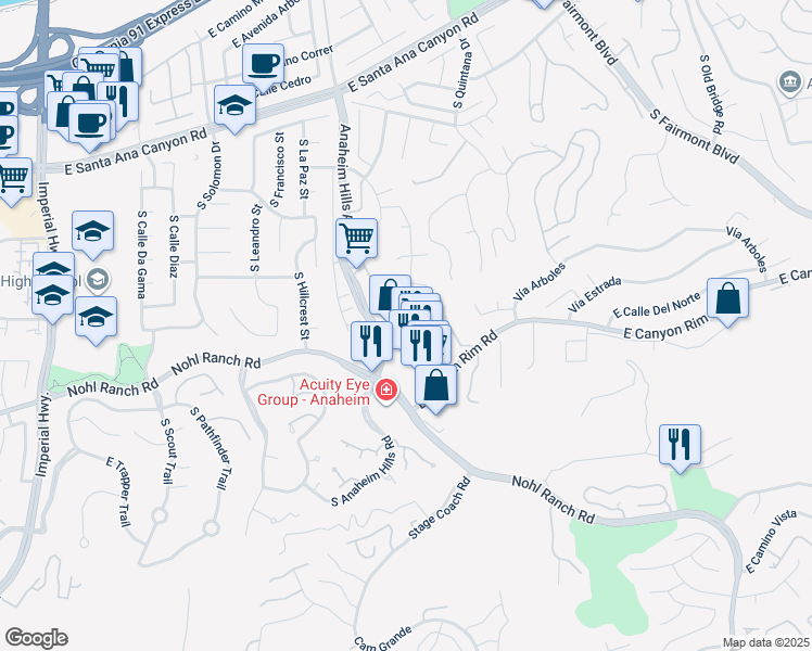 map of restaurants, bars, coffee shops, grocery stores, and more near 380 South Anaheim Hills Road in Anaheim