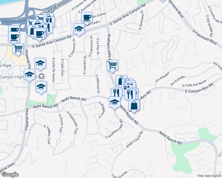 map of restaurants, bars, coffee shops, grocery stores, and more near 415 South Anaheim Hills Road in Anaheim