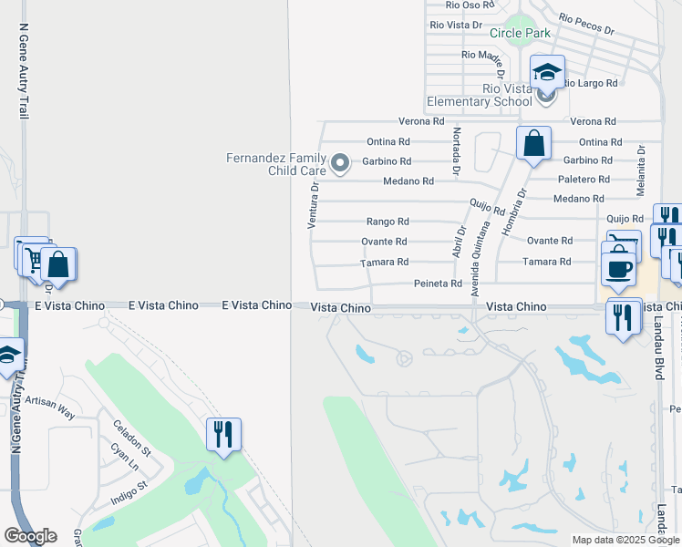 map of restaurants, bars, coffee shops, grocery stores, and more near 67165 Tamara Road in Cathedral City