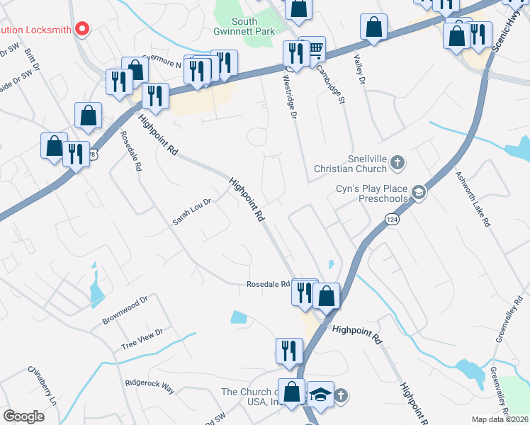 map of restaurants, bars, coffee shops, grocery stores, and more near 3104 Spruce Circle in Snellville