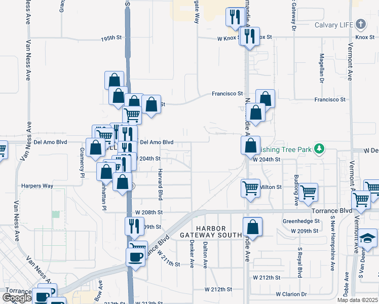 map of restaurants, bars, coffee shops, grocery stores, and more near 20315 Denker Avenue in Torrance