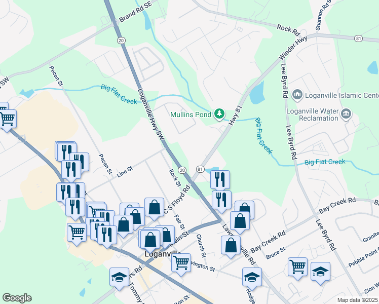 map of restaurants, bars, coffee shops, grocery stores, and more near 4230 Lawrenceville Road in Loganville
