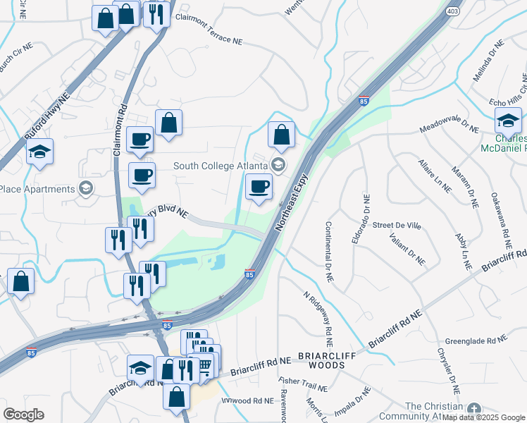 map of restaurants, bars, coffee shops, grocery stores, and more near 2200 Century Parkway Northeast in Atlanta