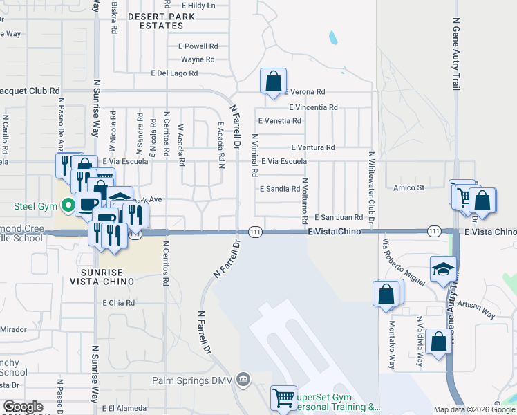 map of restaurants, bars, coffee shops, grocery stores, and more near 2705 East San Marino Road in Palm Springs