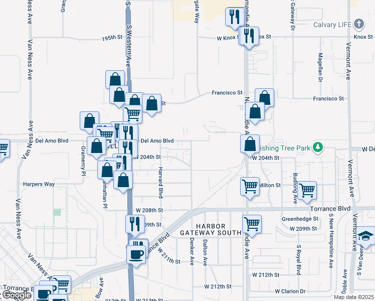 map of restaurants, bars, coffee shops, grocery stores, and more near 20315 Denker Avenue in Torrance