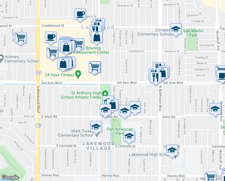 map of restaurants, bars, coffee shops, grocery stores, and more near 4843 Fidler Ave in Long Beach