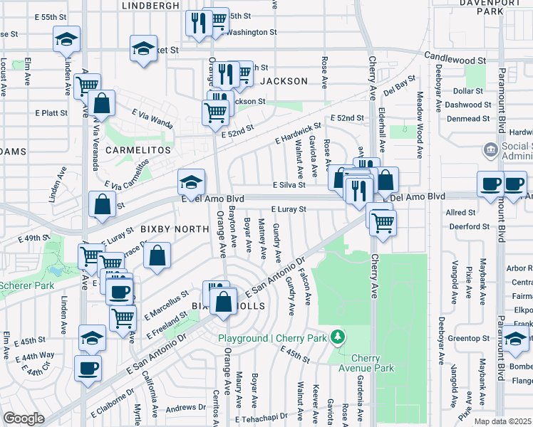 map of restaurants, bars, coffee shops, grocery stores, and more near 1406 East Luray Street in Long Beach