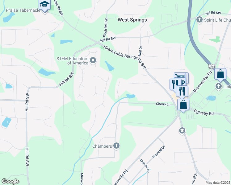 map of restaurants, bars, coffee shops, grocery stores, and more near 5245 Cherry Hill Lane in Powder Springs