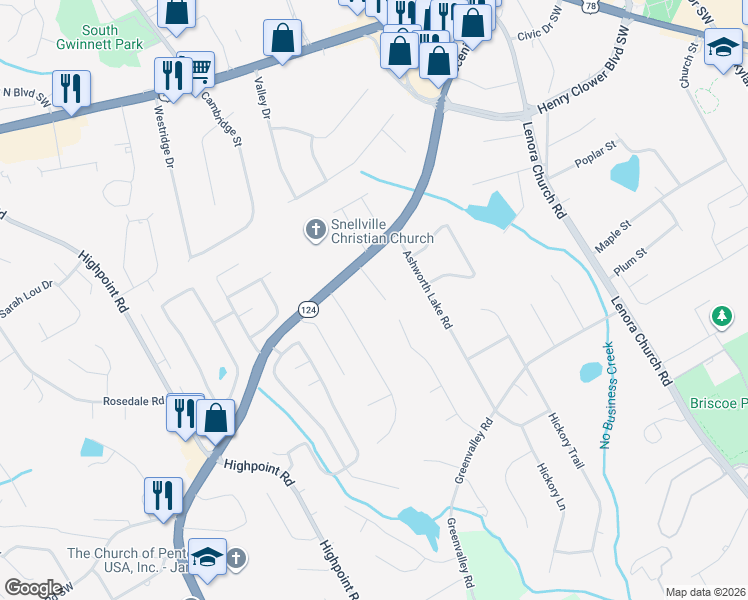 map of restaurants, bars, coffee shops, grocery stores, and more near 2529 Britt Road in Snellville