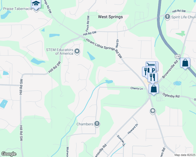 map of restaurants, bars, coffee shops, grocery stores, and more near 5246 Cherry Hill Lane in Powder Springs