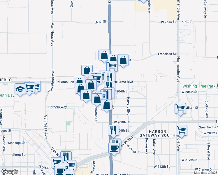 map of restaurants, bars, coffee shops, grocery stores, and more near 20313 South Western Avenue in Torrance