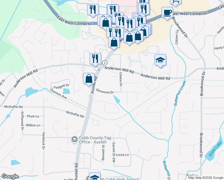 map of restaurants, bars, coffee shops, grocery stores, and more near 1794 Elmwood Drive in Austell