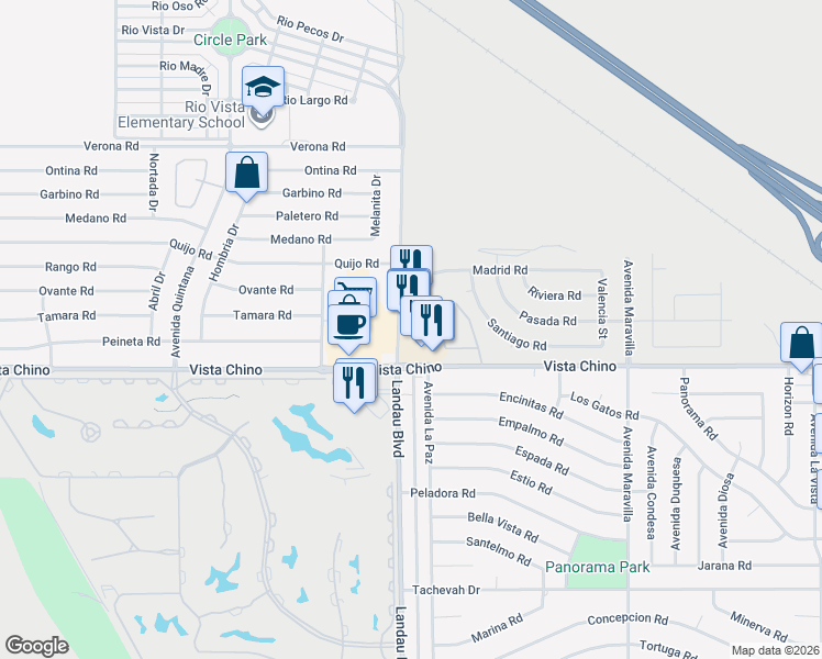 map of restaurants, bars, coffee shops, grocery stores, and more near 27800 Landau Boulevard in Cathedral City