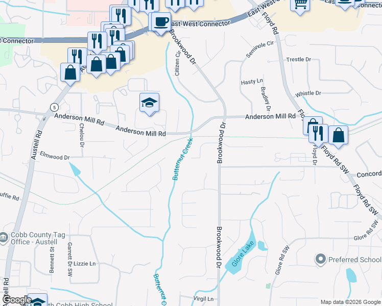 map of restaurants, bars, coffee shops, grocery stores, and more near 1384 Silvergate Dr in Mableton