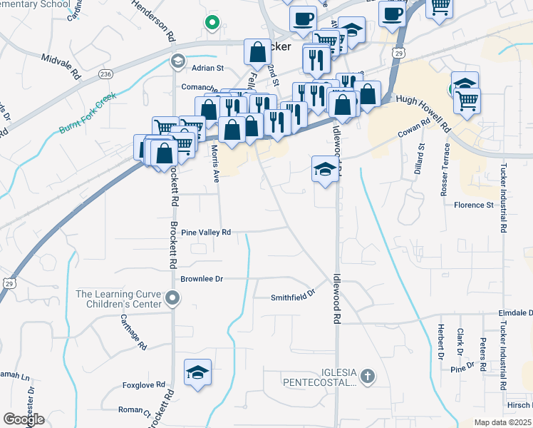 map of restaurants, bars, coffee shops, grocery stores, and more near 4177 Applegate Way in Tucker