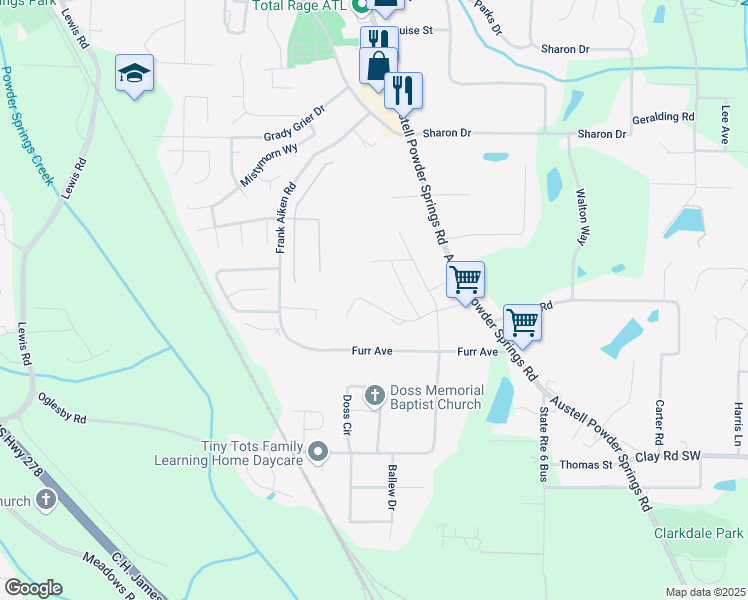 map of restaurants, bars, coffee shops, grocery stores, and more near 3974 Brushy Street in Powder Springs