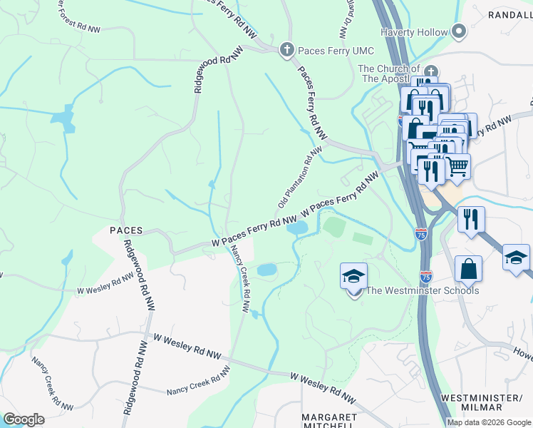 map of restaurants, bars, coffee shops, grocery stores, and more near 1585 West Paces Ferry Road Northwest in Atlanta