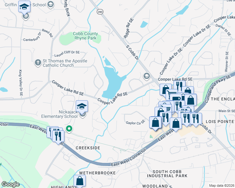 map of restaurants, bars, coffee shops, grocery stores, and more near 1732 Cooper Lake Road Southeast in Smyrna