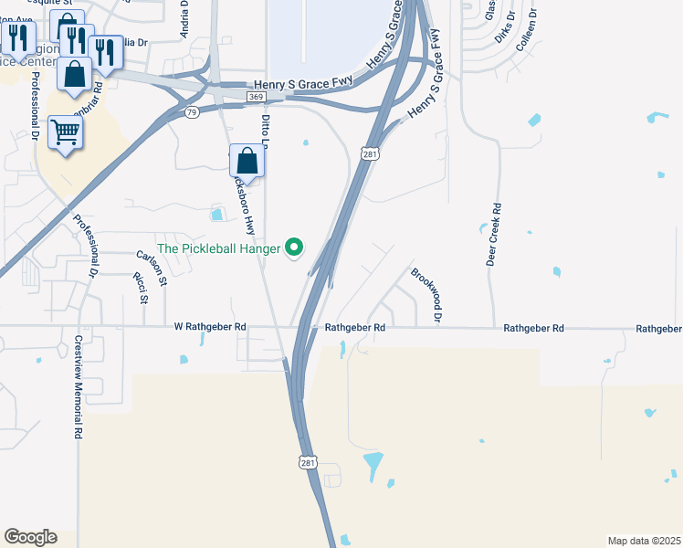 map of restaurants, bars, coffee shops, grocery stores, and more near 5223 Henry S Grace Freeway in Wichita Falls