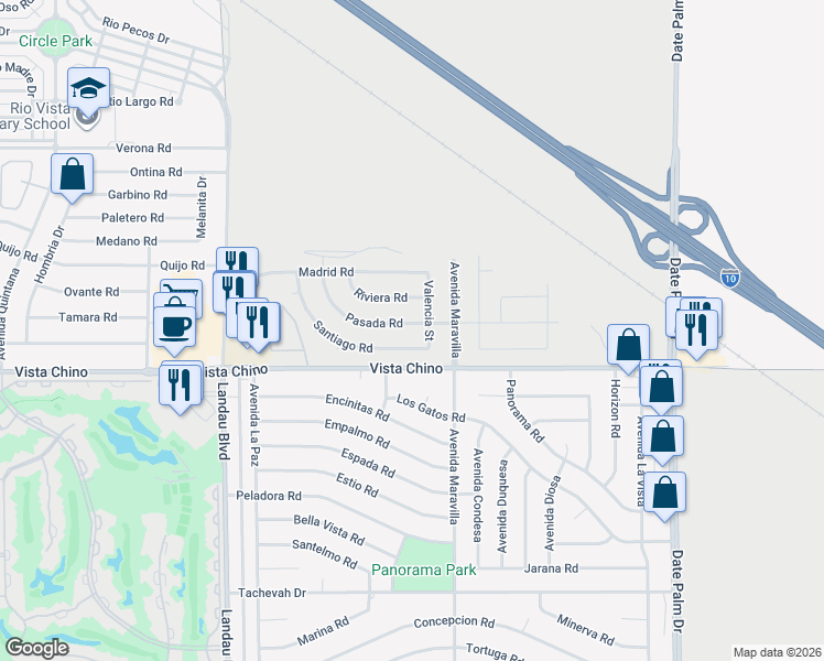 map of restaurants, bars, coffee shops, grocery stores, and more near 68451 Pasada Road in Cathedral City