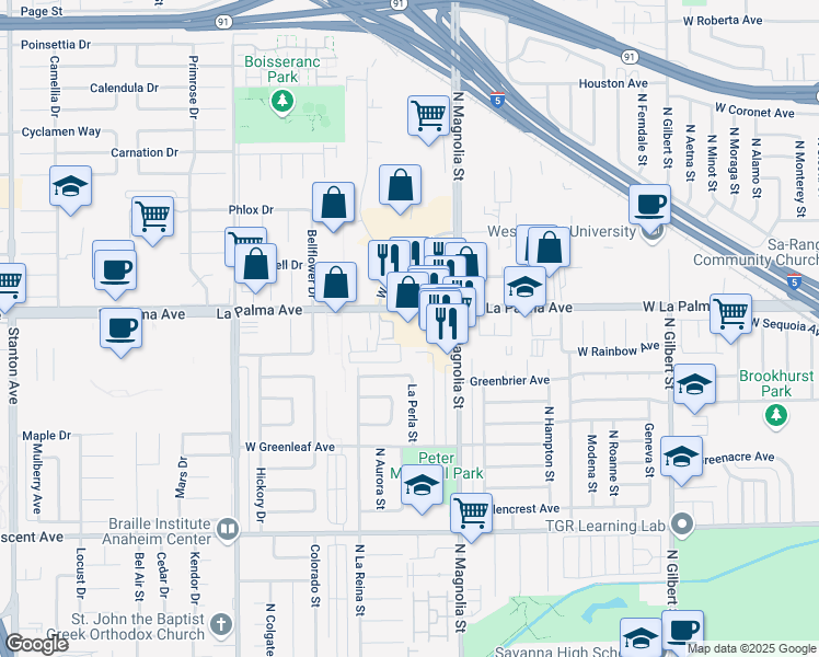map of restaurants, bars, coffee shops, grocery stores, and more near 2656 West La Palma Avenue in Anaheim