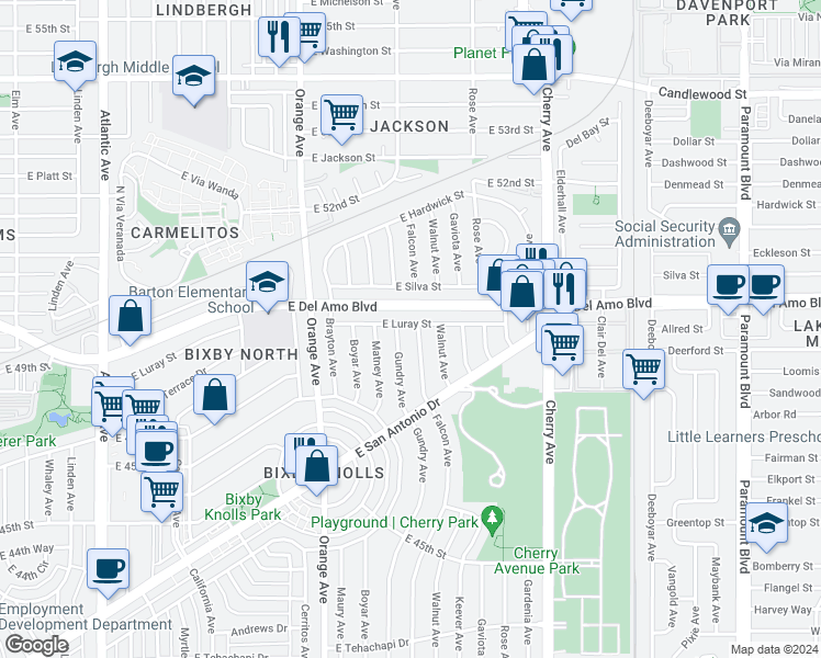 map of restaurants, bars, coffee shops, grocery stores, and more near 1514 East Luray Street in Long Beach