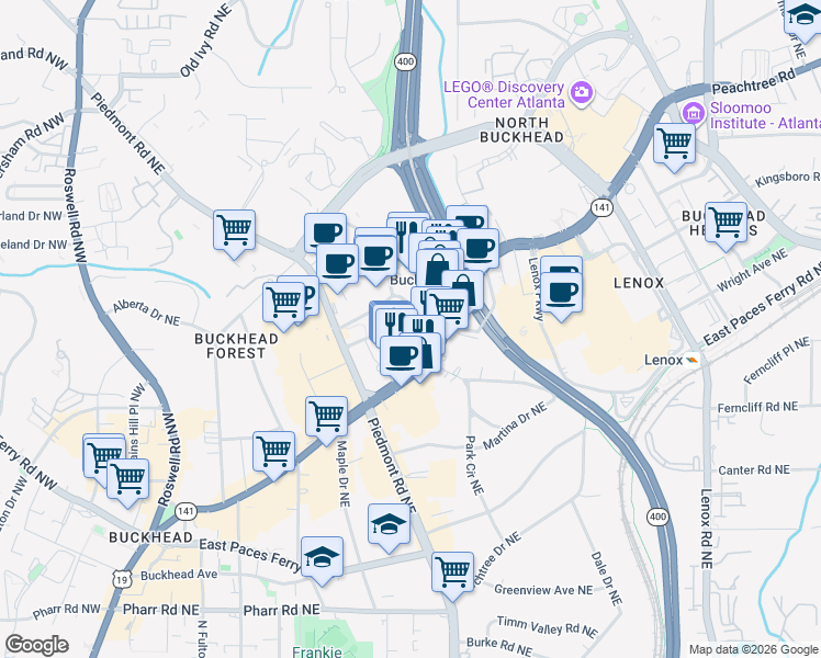 map of restaurants, bars, coffee shops, grocery stores, and more near 3324 Peachtree Rd NE in Atlanta