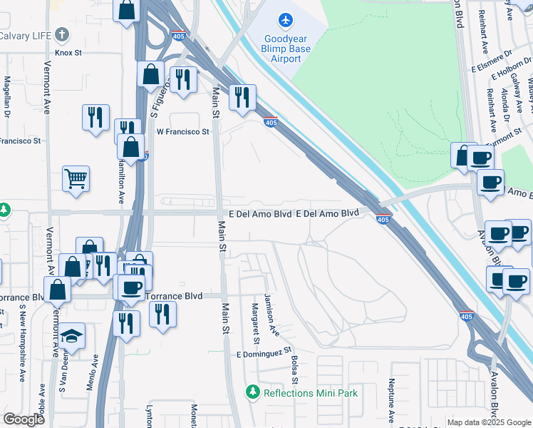 map of restaurants, bars, coffee shops, grocery stores, and more near E Del Amo Blvd in Carson