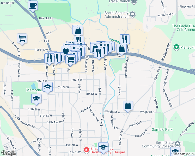 map of restaurants, bars, coffee shops, grocery stores, and more near 6th Street West in Jasper