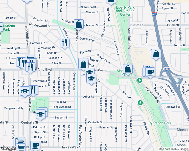 map of restaurants, bars, coffee shops, grocery stores, and more near 6465 Turnergrove Drive in Lakewood