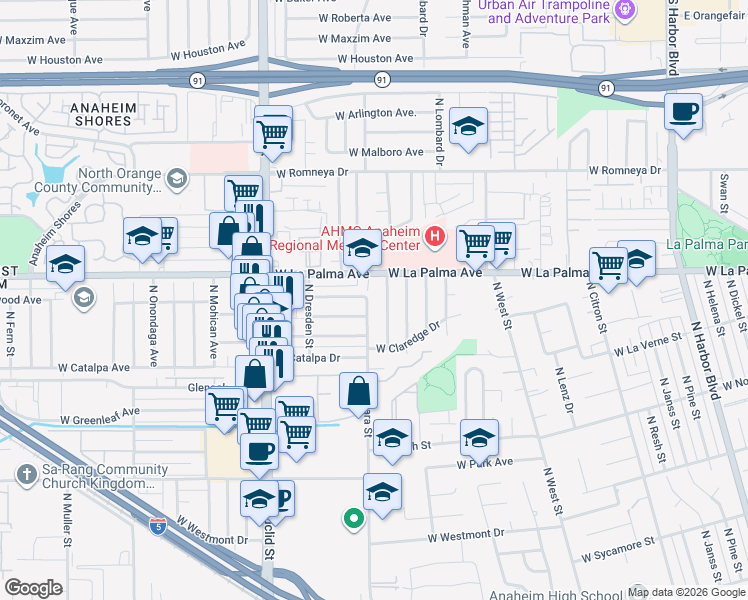 map of restaurants, bars, coffee shops, grocery stores, and more near 1048 North Loara Street in Anaheim