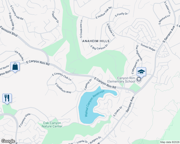 map of restaurants, bars, coffee shops, grocery stores, and more near 7321 East Nighthawk Circle in Anaheim