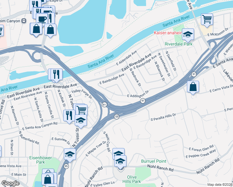 map of restaurants, bars, coffee shops, grocery stores, and more near 4136 East Addington Drive in Anaheim