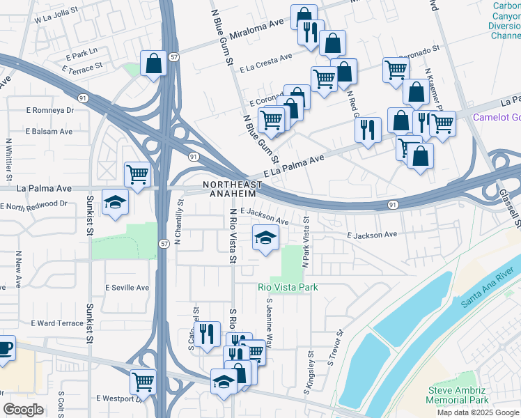 map of restaurants, bars, coffee shops, grocery stores, and more near 2829 East Jackson Avenue in Anaheim