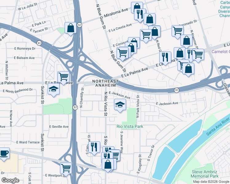 map of restaurants, bars, coffee shops, grocery stores, and more near 2829 East Jackson Avenue in Anaheim