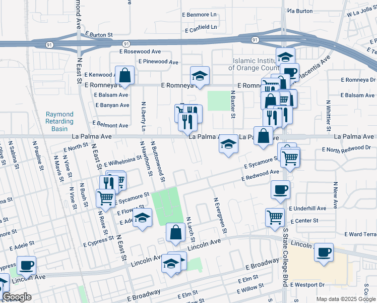 map of restaurants, bars, coffee shops, grocery stores, and more near 638 North Anna Drive in Anaheim