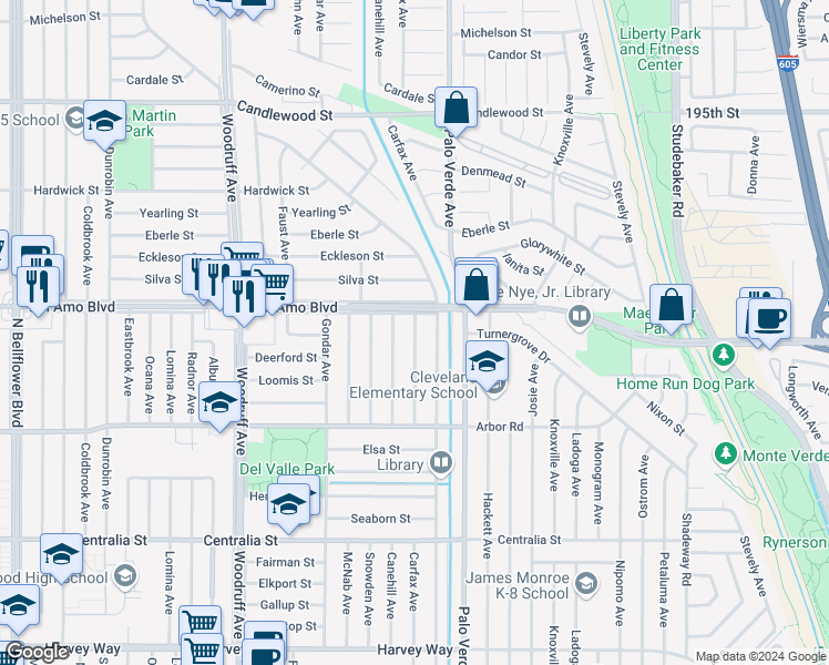 map of restaurants, bars, coffee shops, grocery stores, and more near 4833 Carfax Avenue in Lakewood