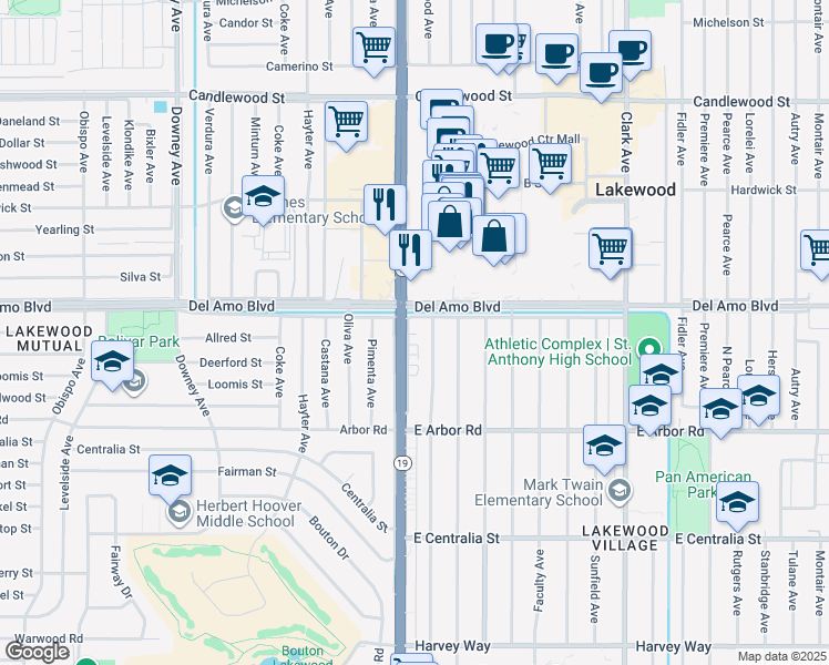 map of restaurants, bars, coffee shops, grocery stores, and more near 4845 Pepperwood Avenue in Long Beach