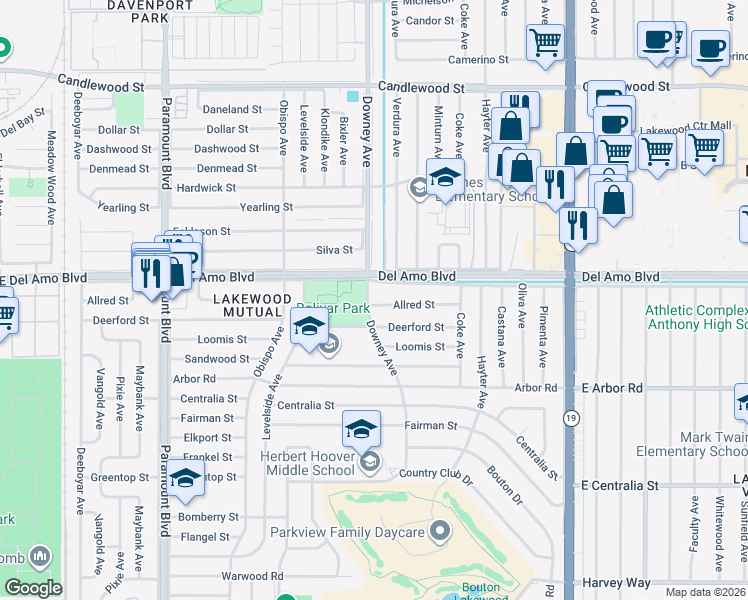 map of restaurants, bars, coffee shops, grocery stores, and more near 3520 Allred Street in Lakewood